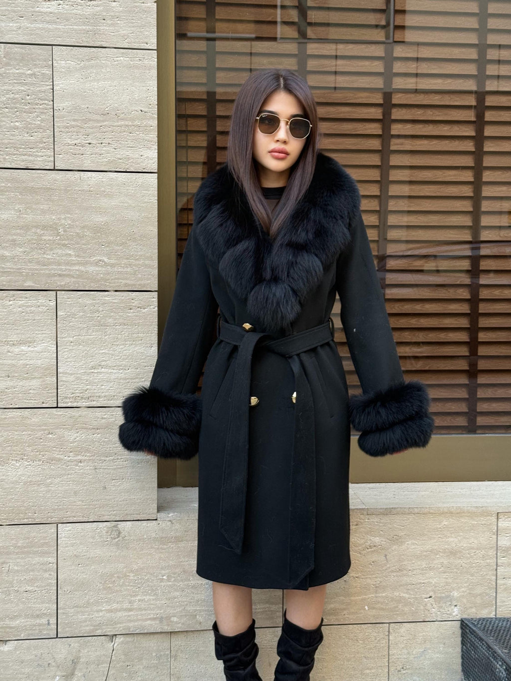Black Cashmere Wool Coat, Collar&Cuffs Fox Fur Jacket, Black Fox Fur Coat.- Women Fox Fur Jacket.- Fox Fur Coat
