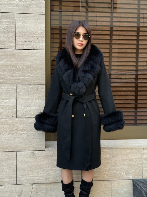 Black Cashmere Wool Coat, Collar&Cuffs Fox Fur Jacket, Black Fox Fur Coat.- Women Fox Fur Jacket.- Fox Fur Coat