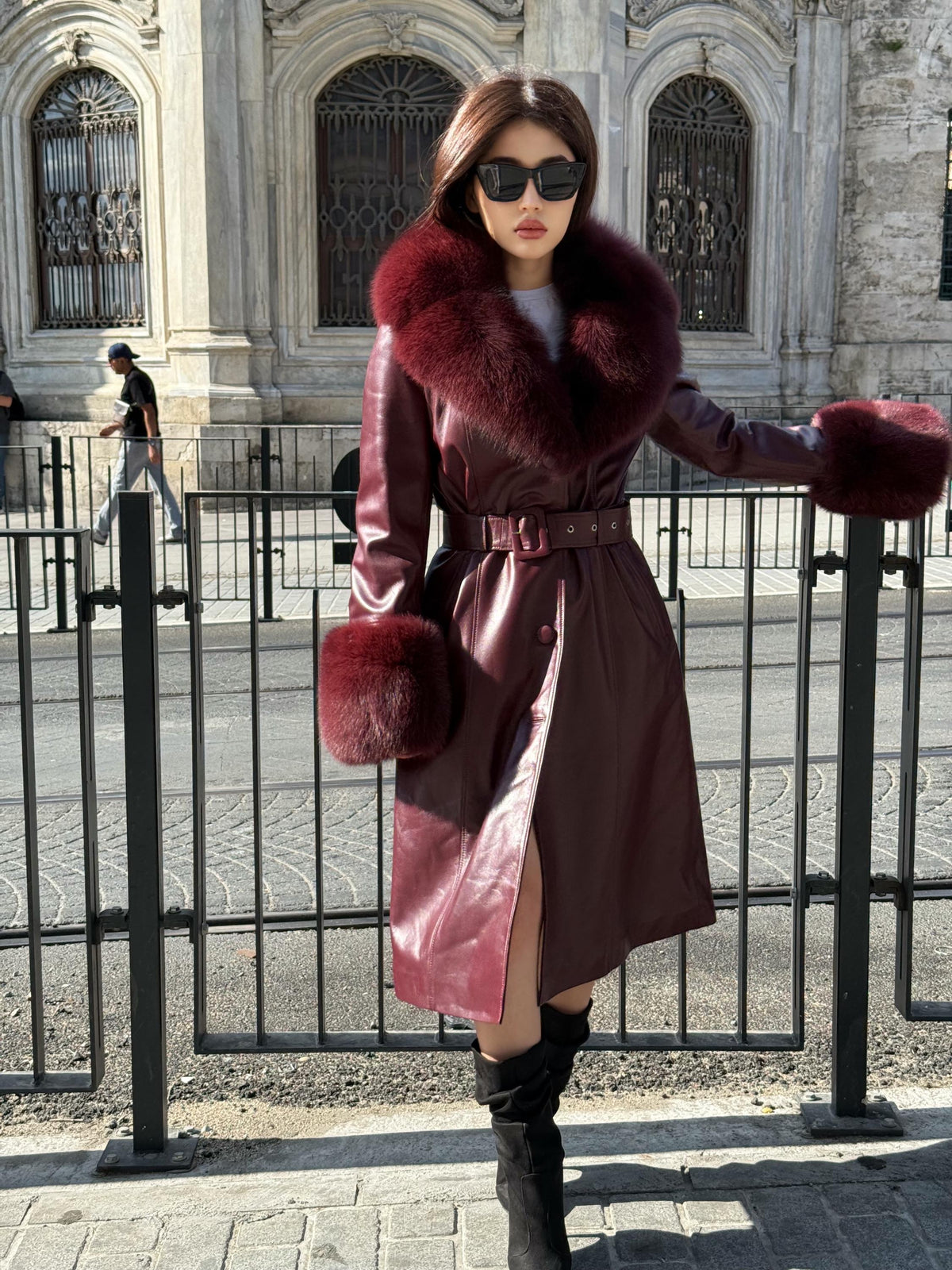 Burgundy Long Leather Coat- Cuffs&Collar Huge Fox Fur Jacket, Burgundy Fox Fur Coat.- Women Fox Fur Jacket_. Fox Fur
