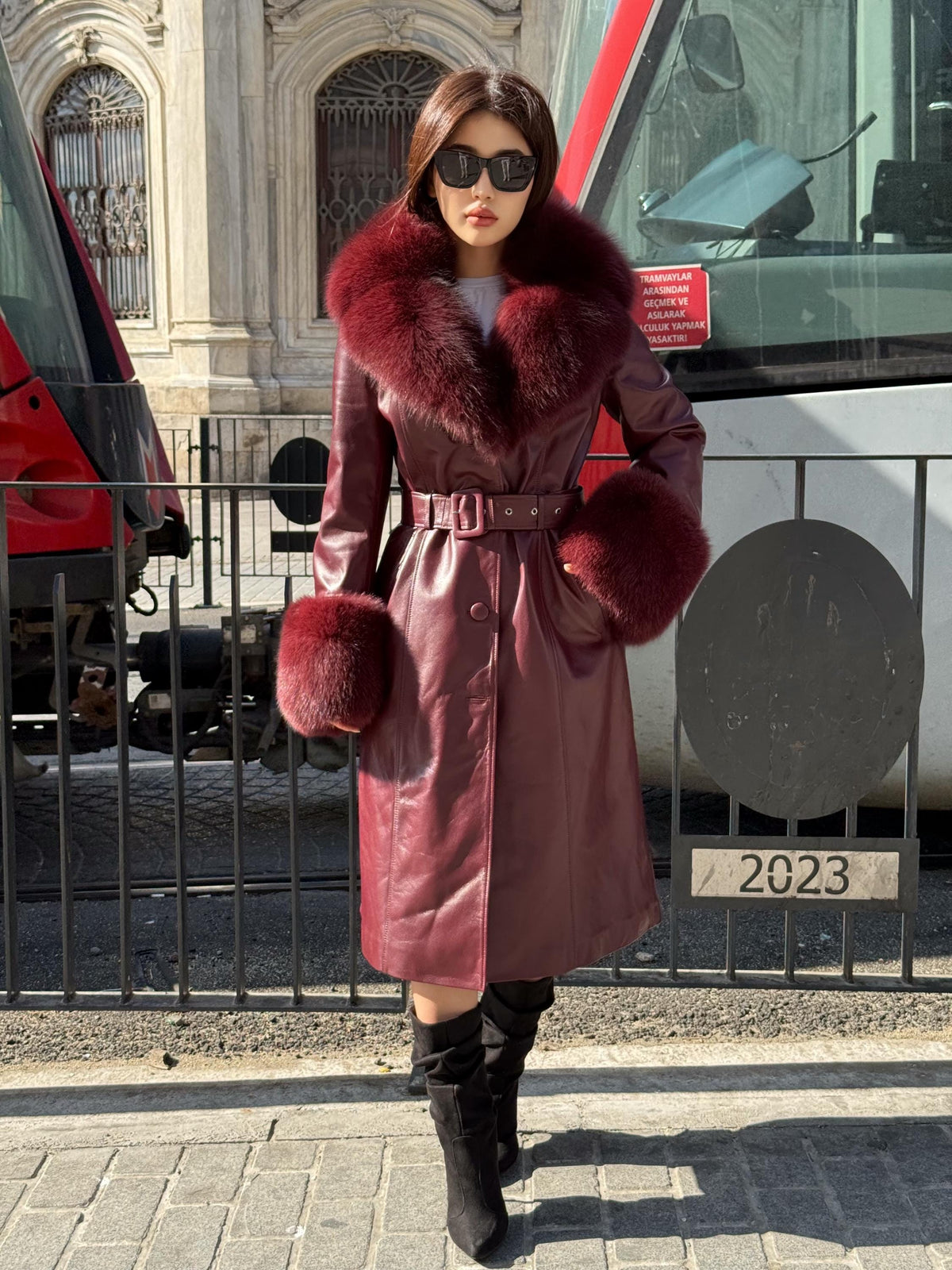 Burgundy Long Leather Coat- Cuffs&Collar Huge Fox Fur Jacket, Burgundy Fox Fur Coat.- Women Fox Fur Jacket_. Fox Fur
