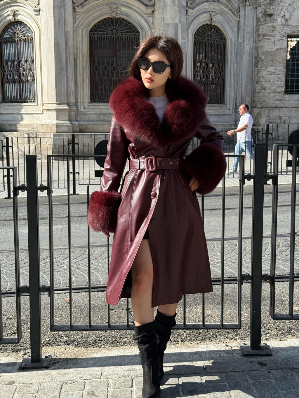 Burgundy Long Leather Coat- Cuffs&Collar Huge Fox Fur Jacket, Burgundy Fox Fur Coat.- Women Fox Fur Jacket_. Fox Fur
