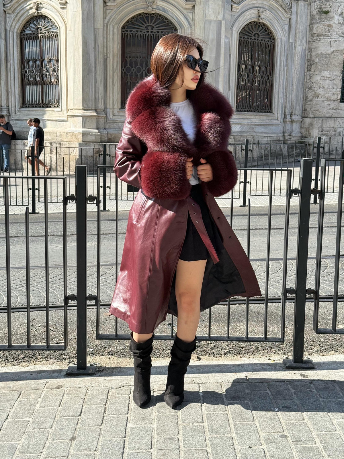 Burgundy Long Leather Coat- Cuffs&Collar Huge Fox Fur Jacket, Burgundy Fox Fur Coat.- Women Fox Fur Jacket_. Fox Fur