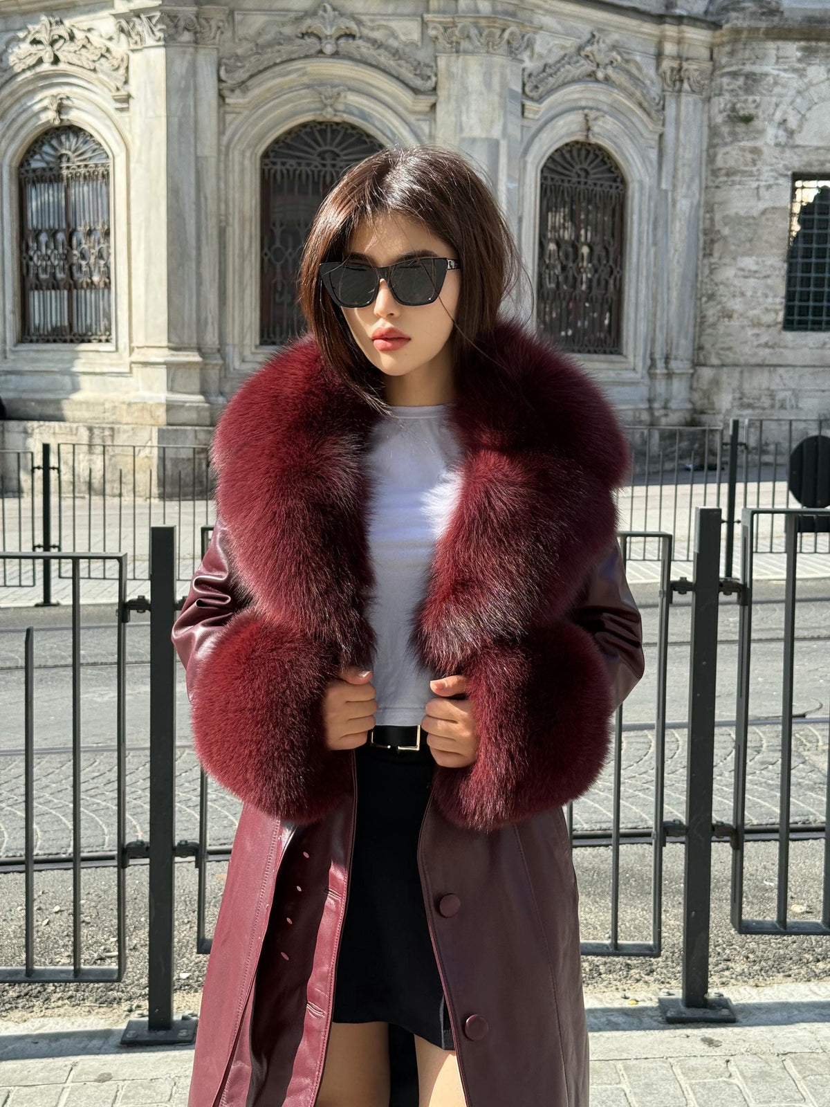 Burgundy Long Leather Coat- Cuffs&Collar Huge Fox Fur Jacket, Burgundy Fox Fur Coat.- Women Fox Fur Jacket_. Fox Fur