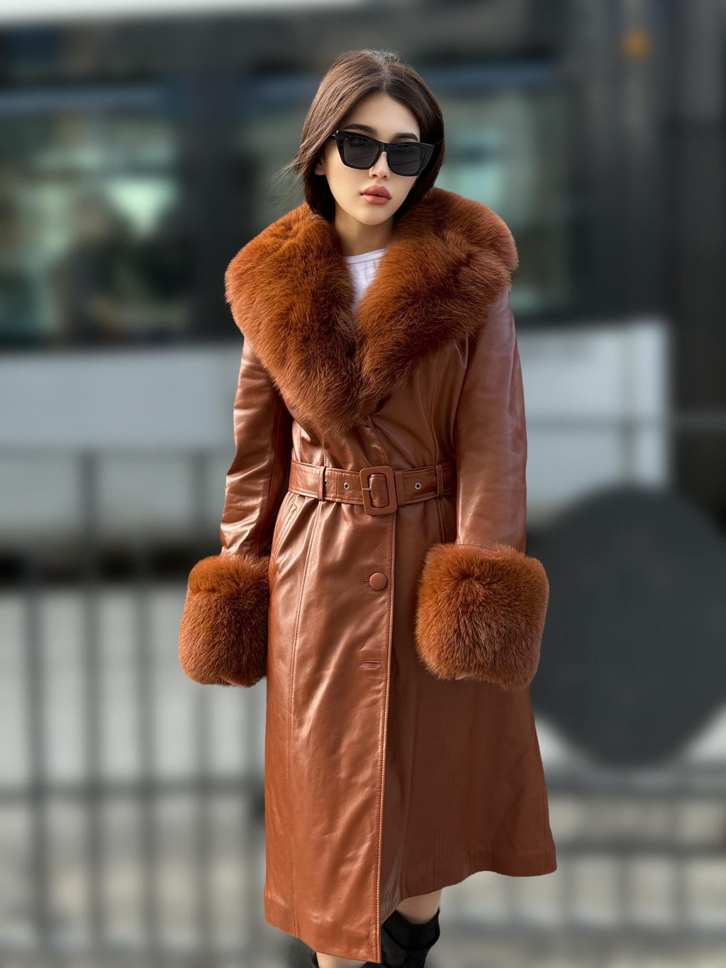 Whisky Brown Long Leather Coat, Handmade Collar Cuffs Fox Fur Jacket