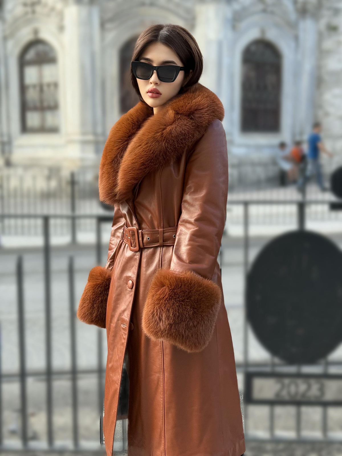Whisky Brown Long Leather Coat, Handmade Collar Cuffs Fox Fur Jacket