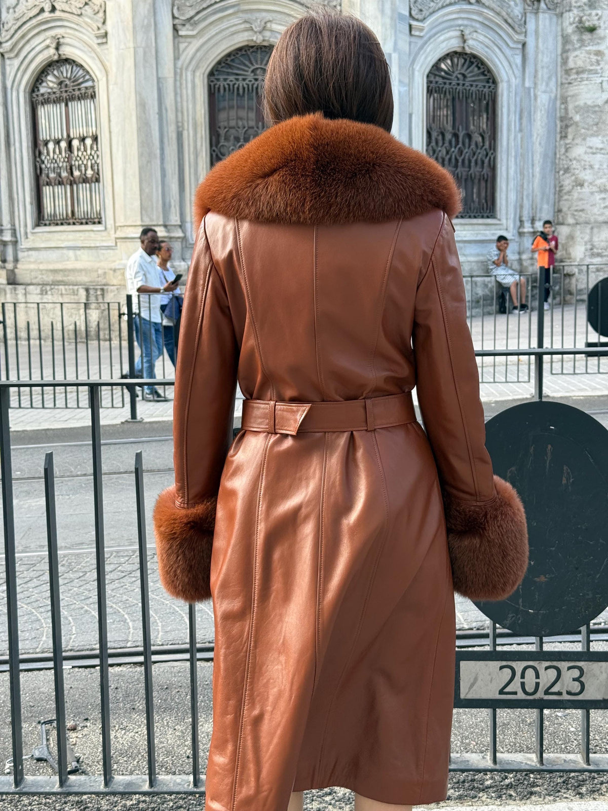 Whisky Brown Long Leather Coat, Handmade Collar Cuffs Fox Fur Jacket