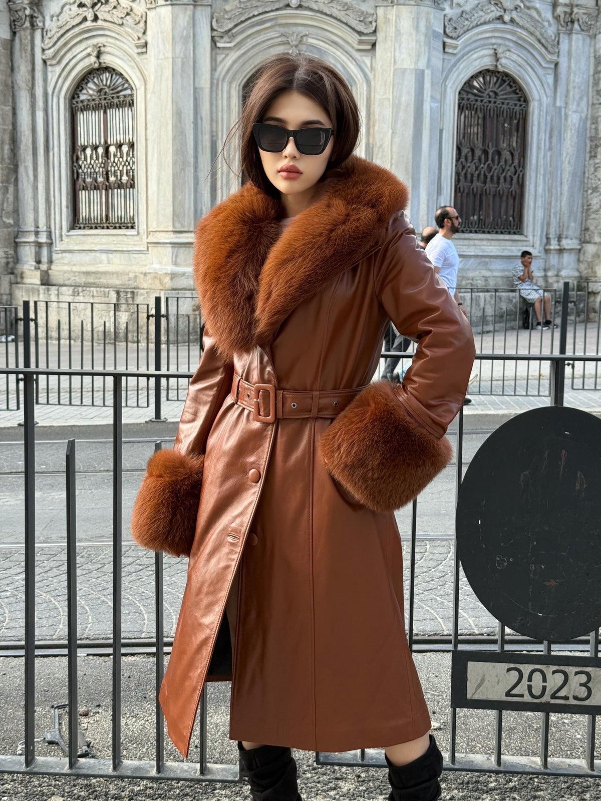 Whisky Brown Long Leather Coat, Handmade Collar Cuffs Fox Fur Jacket