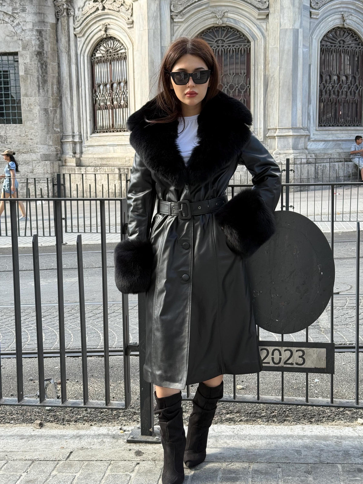 Handmade Black Leather Coat For Women, Collar Cuffs Fox Fur Long Coat
