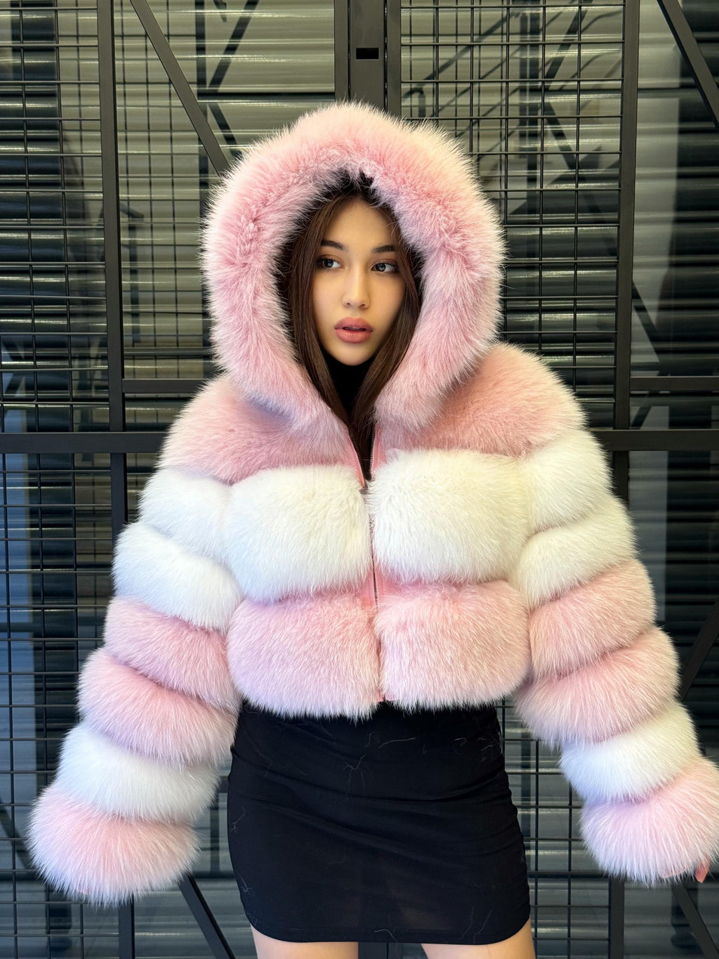 Pink & White Fox Fur Jacket, Short 2 in 1 Vest Coat, Women Fox Fur Jacket. Premium Fox Fur Coat, Crop Fox fur