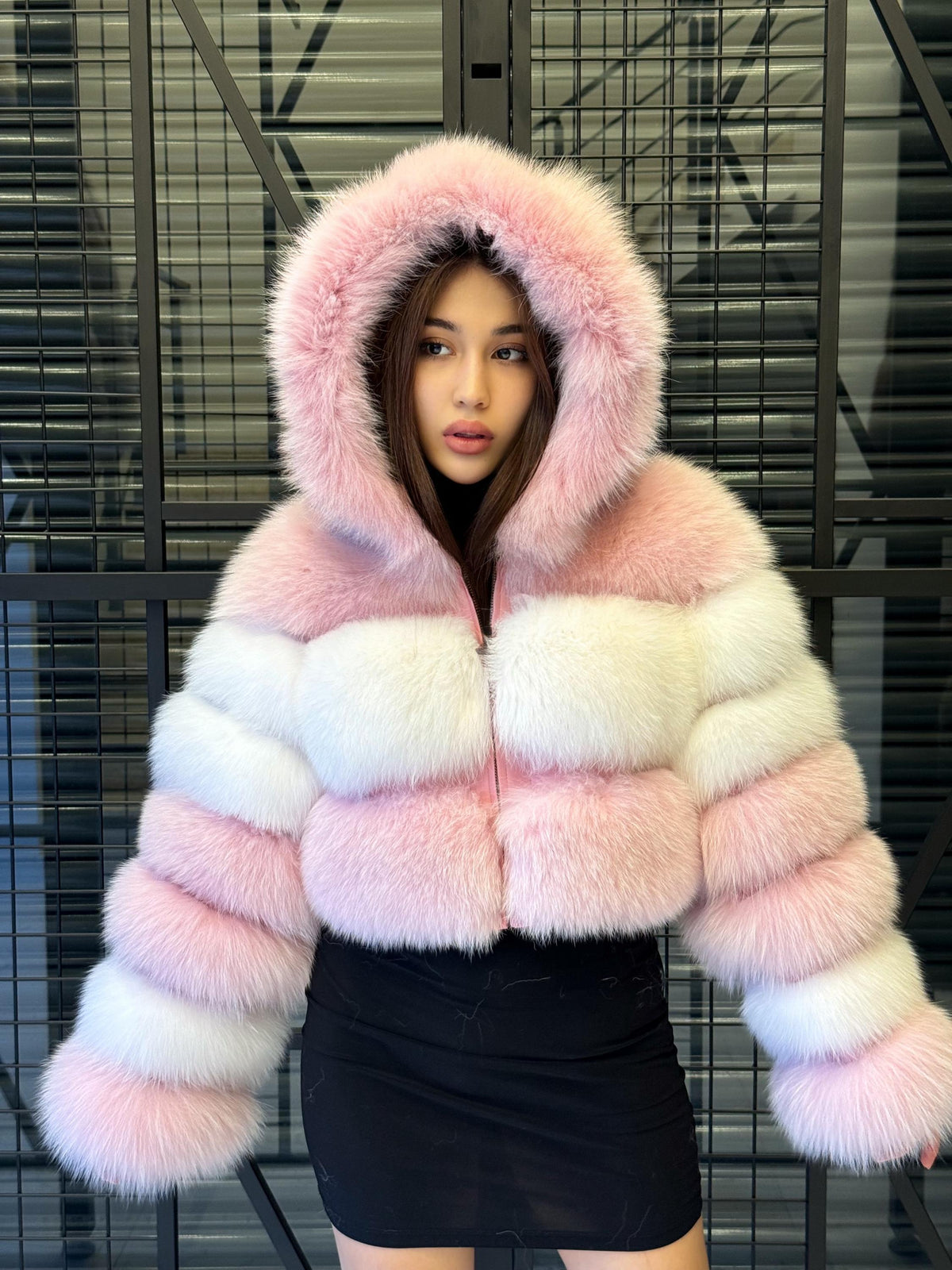 Pink & White Fox Fur Jacket, Short 2 in 1 Vest Coat, Women Fox Fur Jacket. Premium Fox Fur Coat, Crop Fox fur