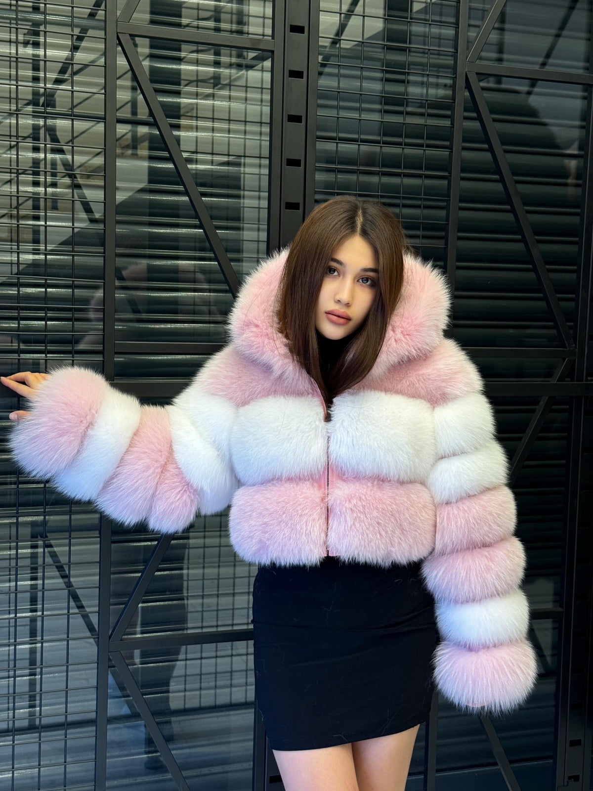 Pink & White Fox Fur Jacket, Short 2 in 1 Vest Coat, Women Fox Fur Jacket. Premium Fox Fur Coat, Crop Fox fur