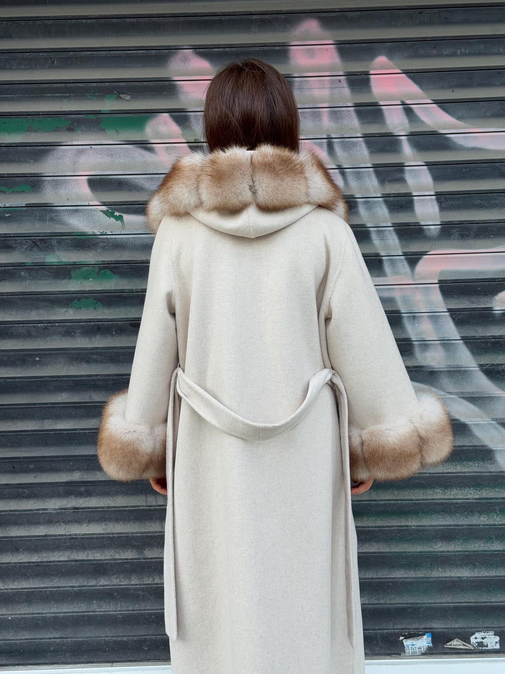 Beige Long Alpaca Coat, Hood Cuffs Fox Fur Coat, Handmade Winter Women Jacket
