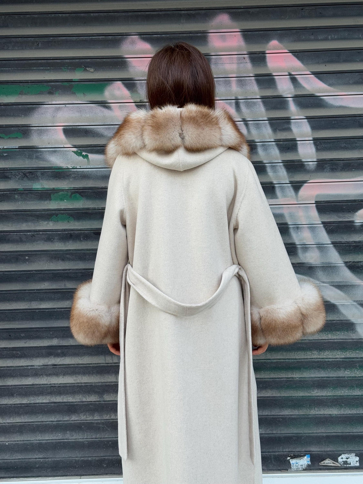 Beige Long Alpaca Coat, Hood Cuffs Fox Fur Coat, Handmade Winter Women Jacket