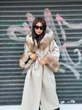 Beige Long Alpaca Coat, Hood Cuffs Fox Fur Coat, Handmade Winter Women Jacket