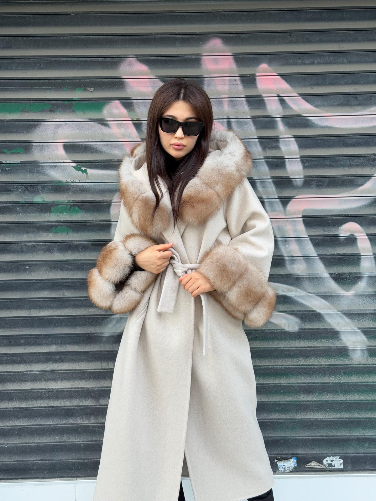 Beige Long Alpaca Coat, Hood Cuffs Fox Fur Coat, Handmade Winter Women Jacket