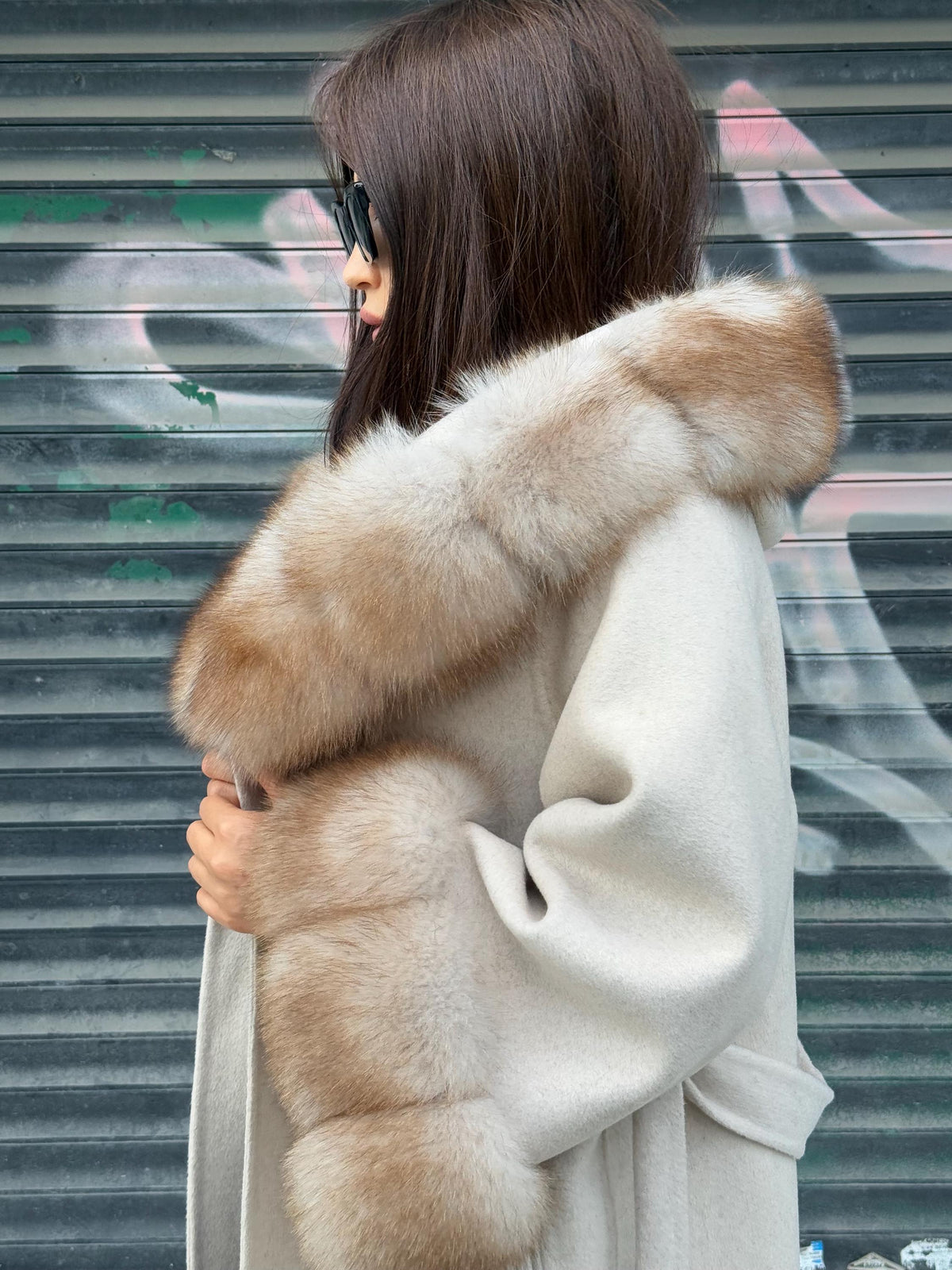 Beige Long Alpaca Coat, Hood Cuffs Fox Fur Coat, Handmade Winter Women Jacket