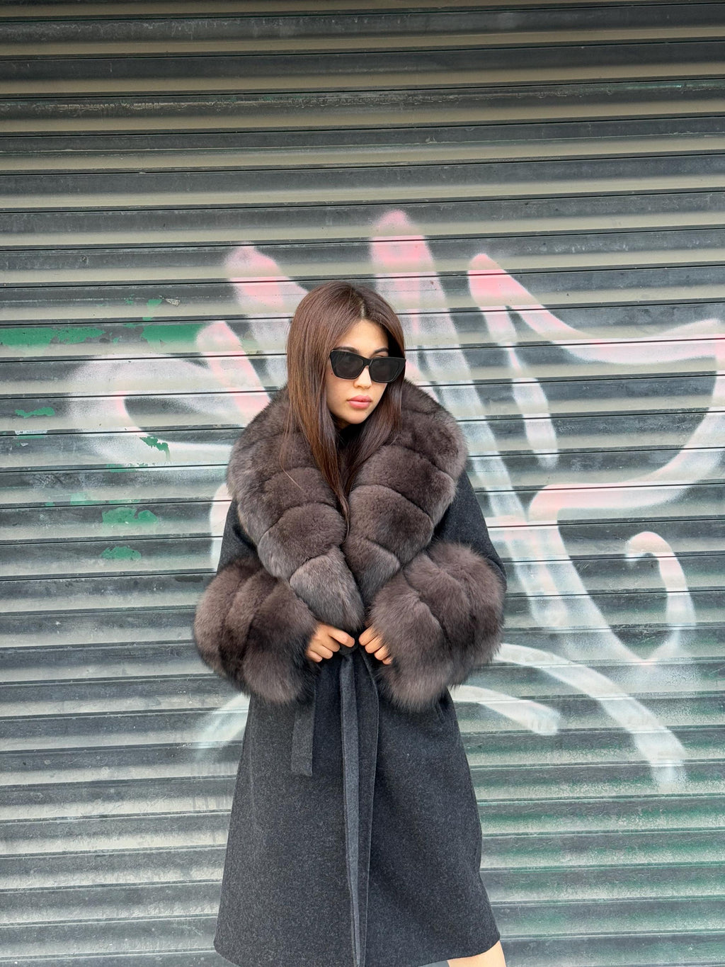 Black Long Alpaca Wool Coat , Handmade Women Collar Cuffs Fox Fur Jacket