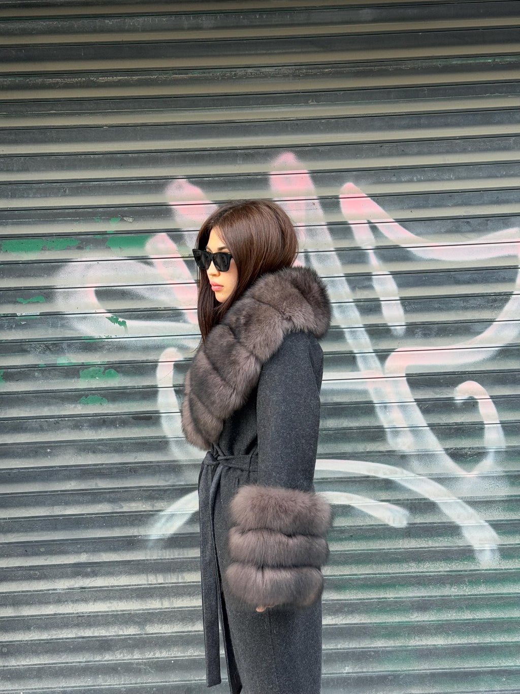 Black Long Alpaca Wool Coat , Handmade Women Collar Cuffs Fox Fur Jacket