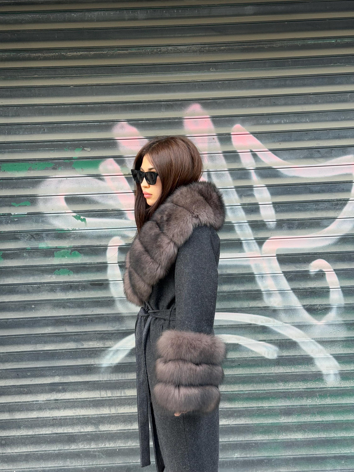 Black Long Alpaca Wool Coat , Handmade Women Collar Cuffs Fox Fur Jacket