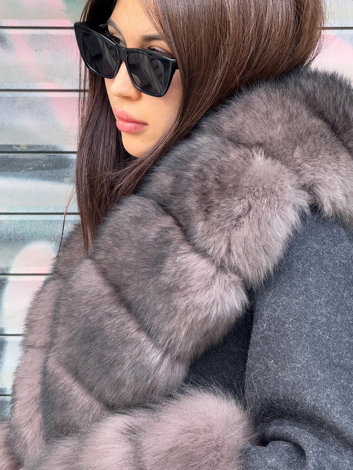 Black Long Alpaca Wool Coat , Handmade Women Collar Cuffs Fox Fur Jacket