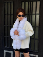 White Fur Trim Cashmere Jacket, Women’s Handmade Short Wool & Fox Fur Coat