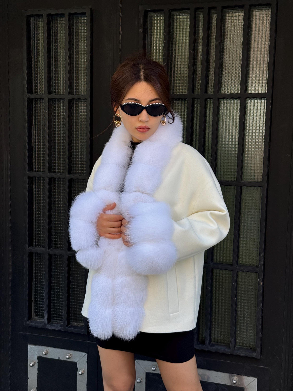 White Fur Trim Cashmere Jacket, Women’s Handmade Short Wool & Fox Fur Coat