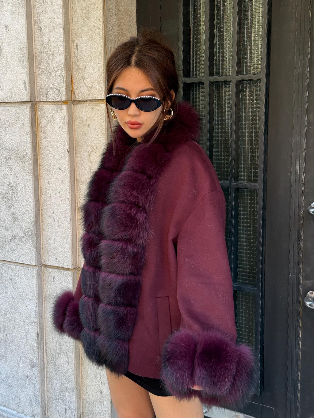 Burgundy Cashmere Black Short Jacket . Front & Cuffs Fox Fur Jacket