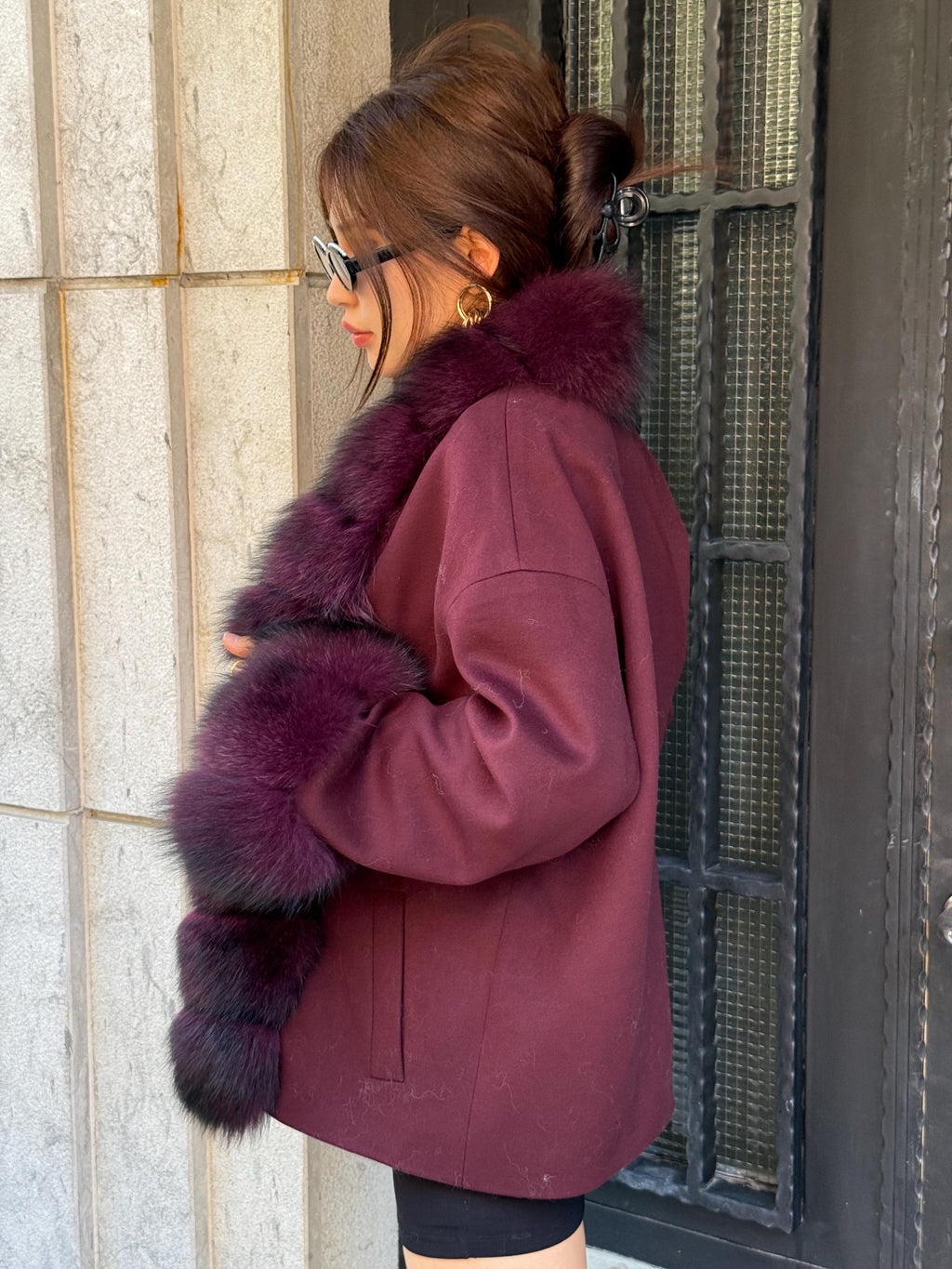 Burgundy Cashmere Black Short Jacket . Front & Cuffs Fox Fur Jacket