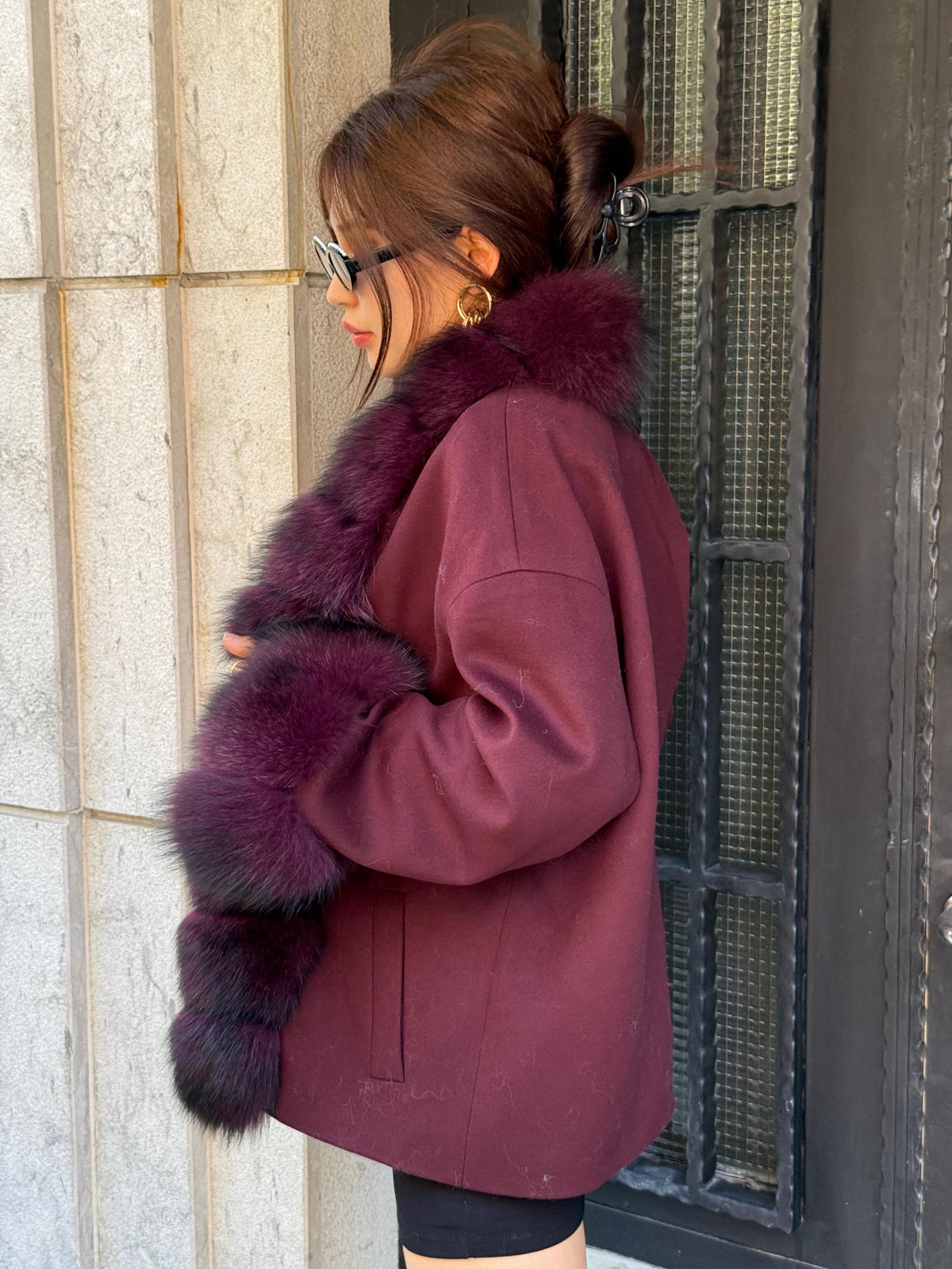 Burgundy Cashmere Black Short Jacket . Front & Cuffs Fox Fur Jacket