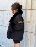 Women’s Black Cashmere Jacket With Fur Trim, Handmade Short Fox Fur Coat