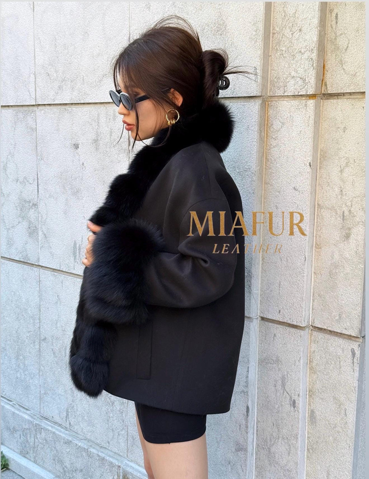 Women’s Black Cashmere Jacket With Fur Trim, Handmade Short Fox Fur Coat