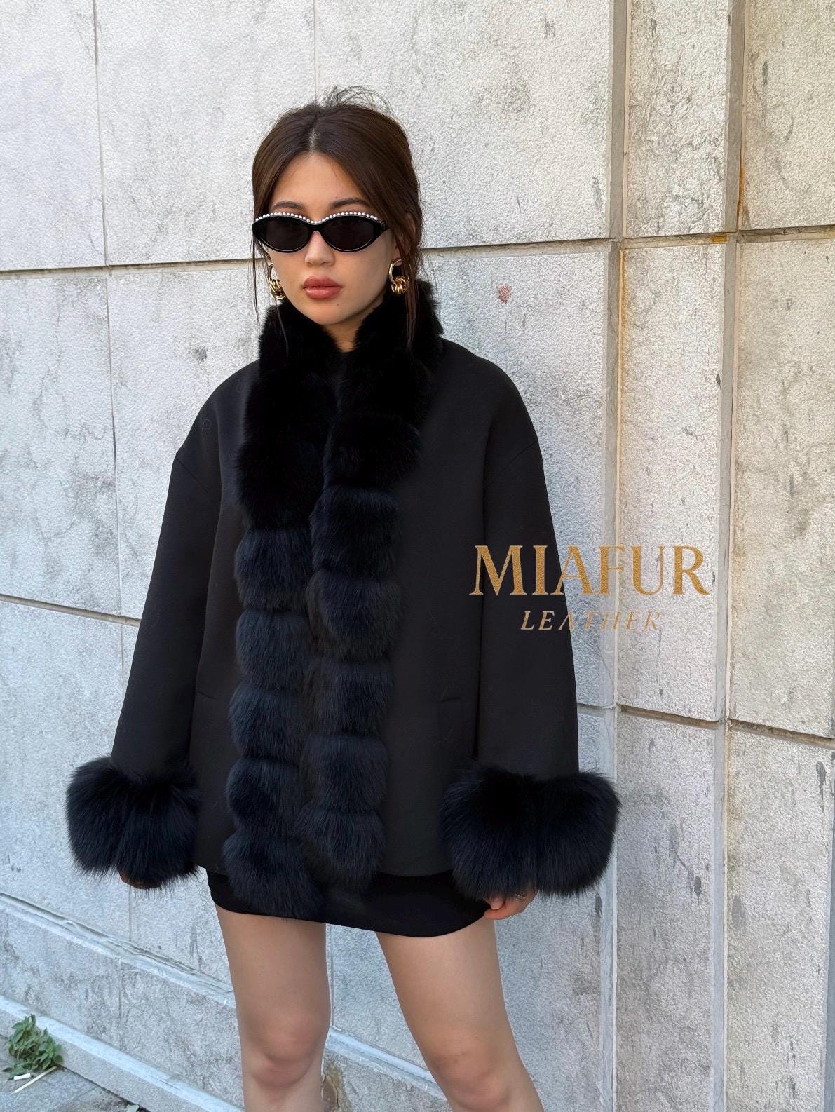 Women’s Black Cashmere Jacket With Fur Trim, Handmade Short Fox Fur Coat