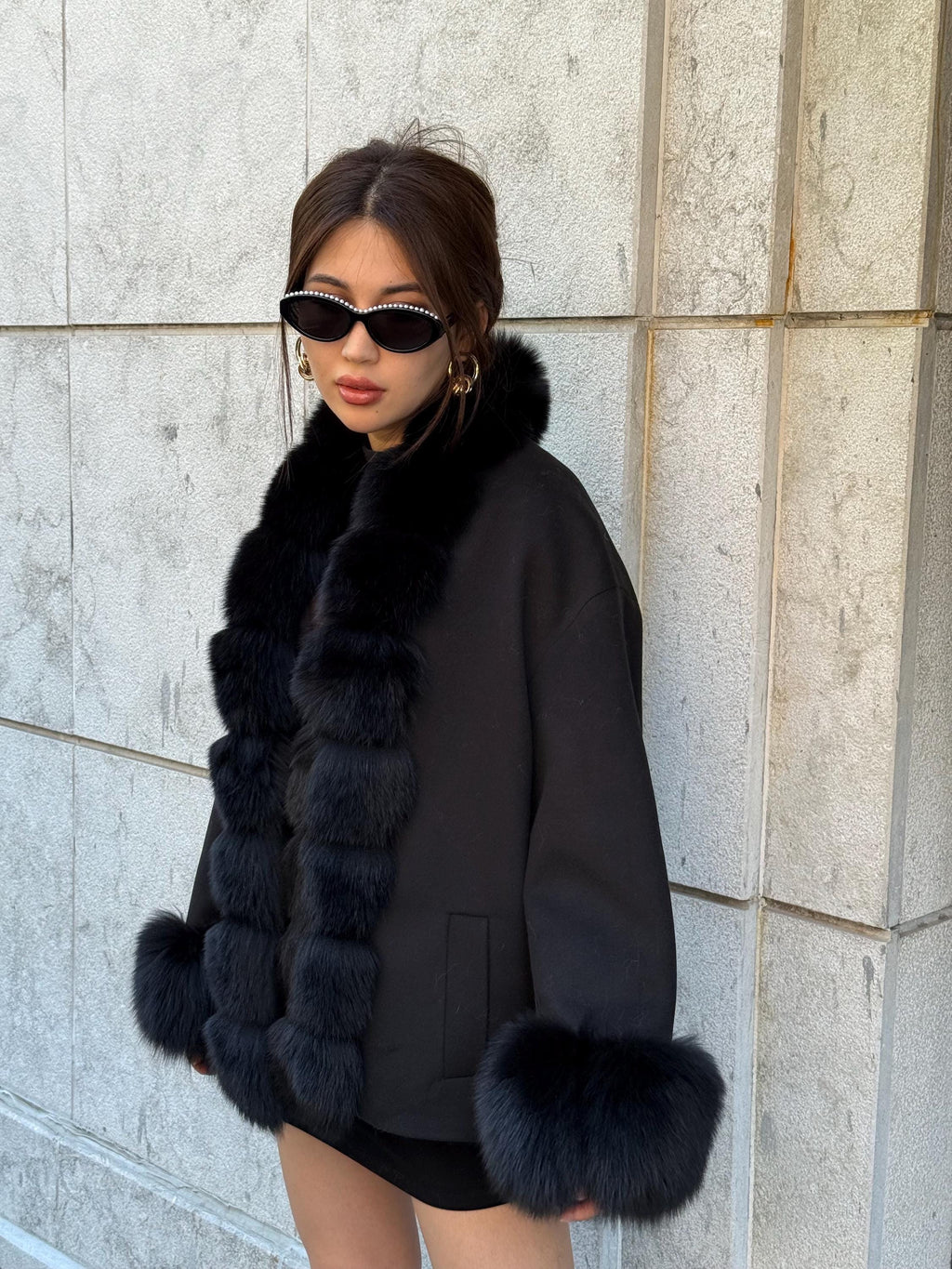 Women’s Black Cashmere Jacket With Fur Trim, Handmade Short Fox Fur Coat