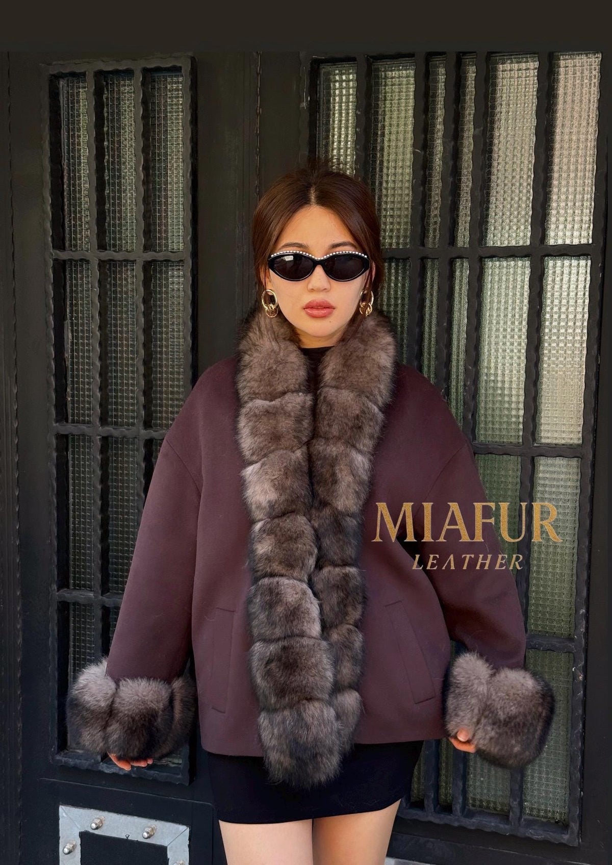 Dark Brown Cashmere Jacket, Short Front Fox Fur Coat For Women