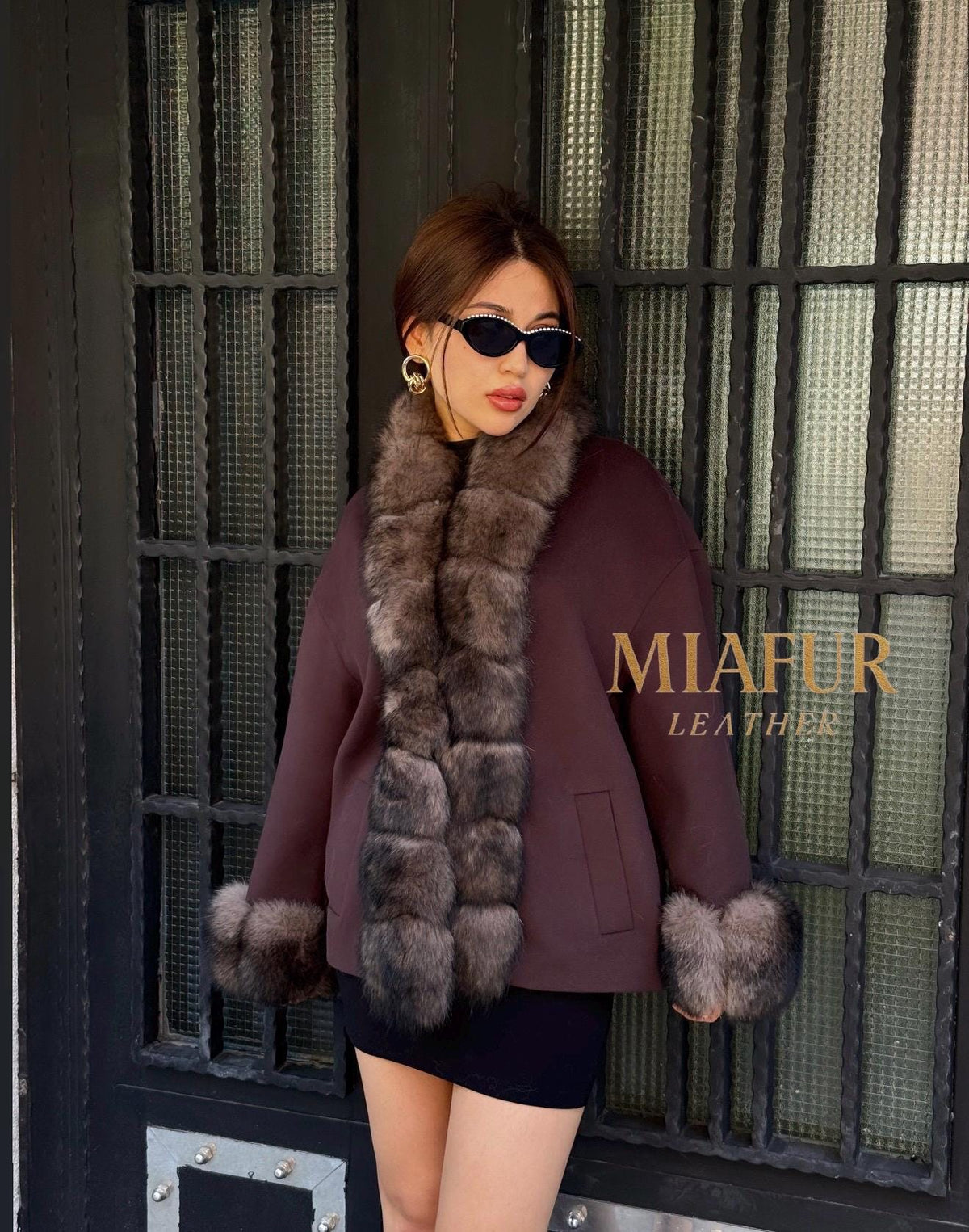 Dark Brown Cashmere Jacket, Short Front Fox Fur Coat For Women