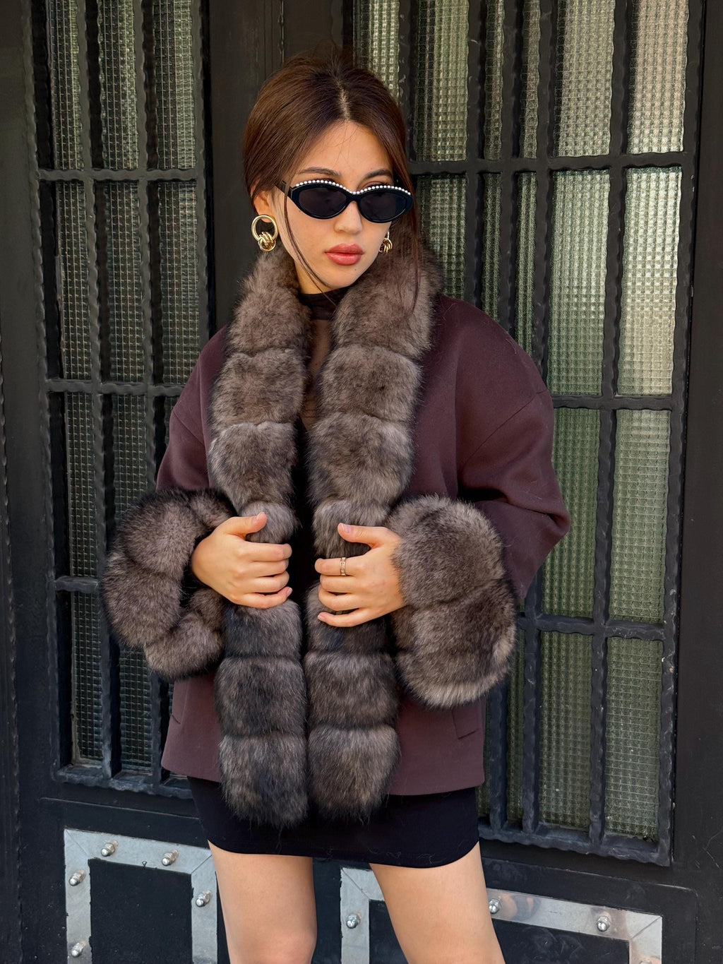 Dark Brown Cashmere Jacket, Short Front Fox Fur Coat For Women