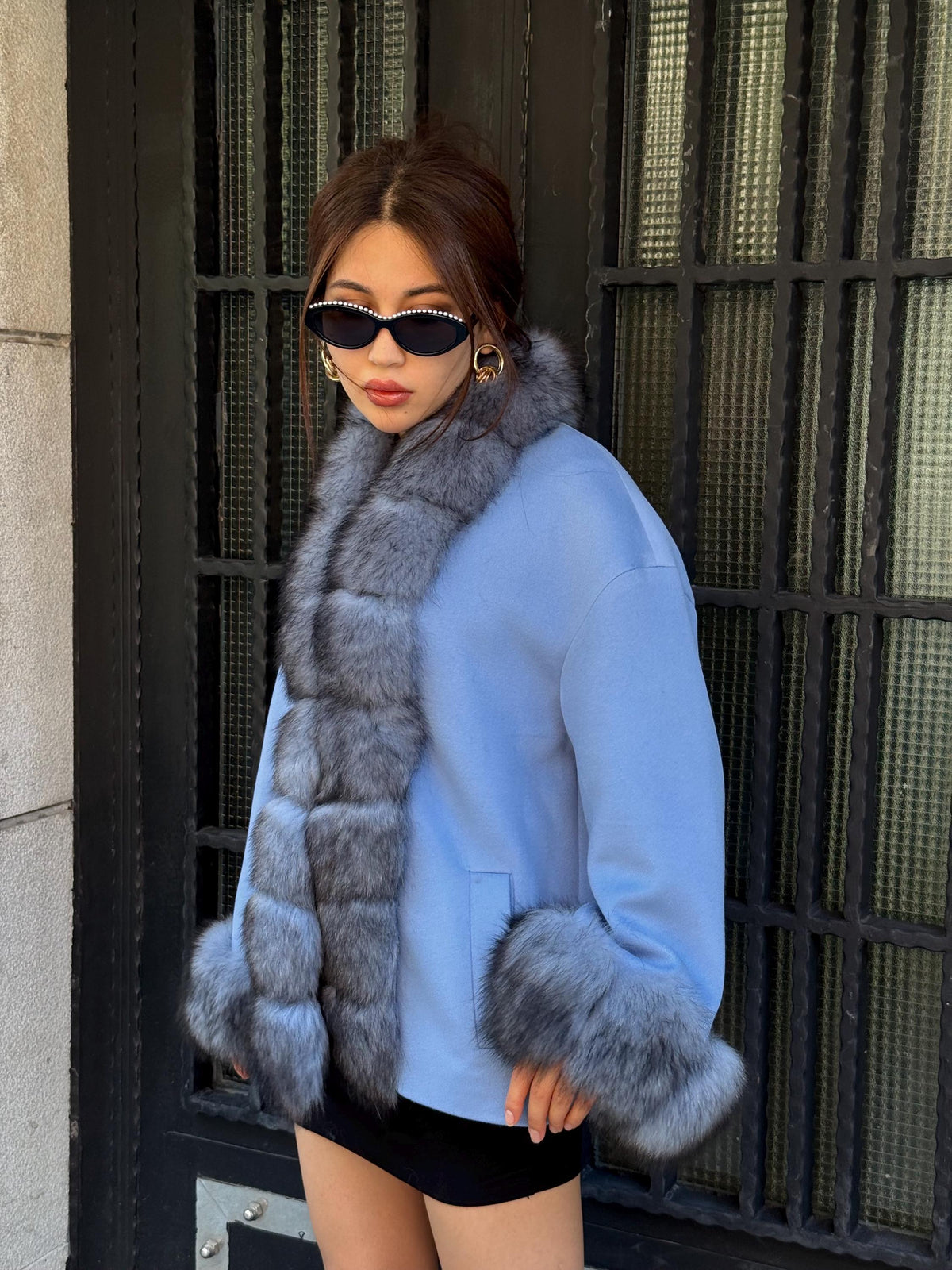 Blue Cashmere Front Cuffs Fox Fur Jacket - Women Fox Fur Jacket - Short Fox Fur Jacket