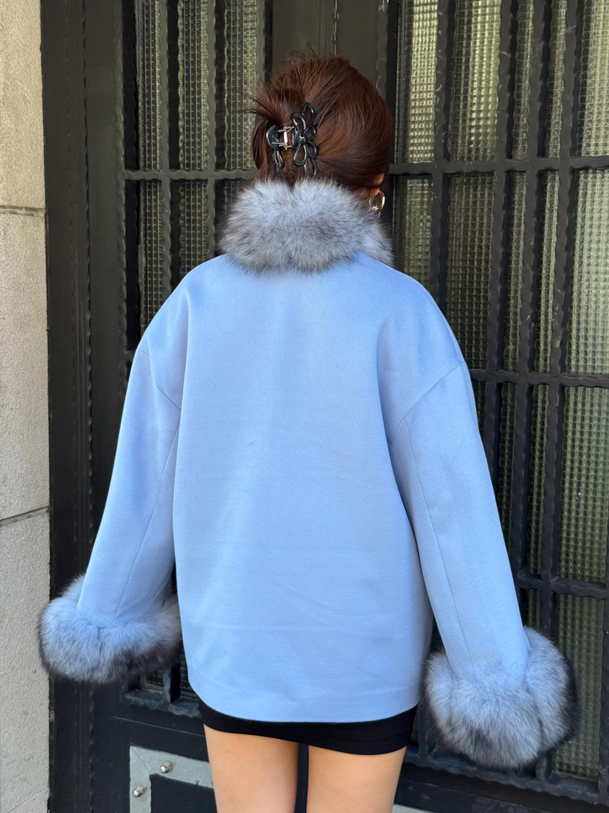 Blue Cashmere Front Cuffs Fox Fur Jacket - Women Fox Fur Jacket - Short Fox Fur Jacket