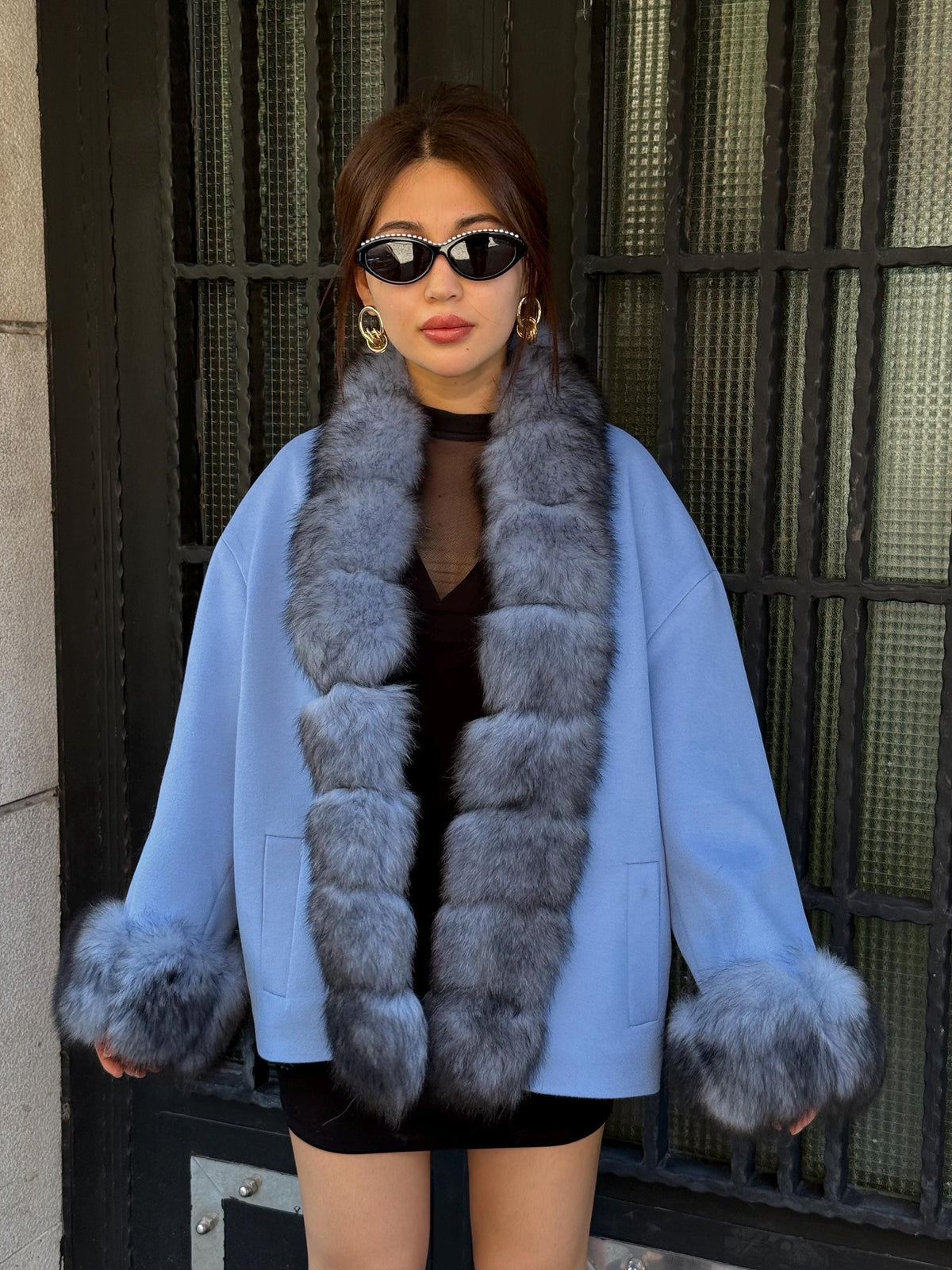 Blue Cashmere Front Cuffs Fox Fur Jacket - Women Fox Fur Jacket - Short Fox Fur Jacket