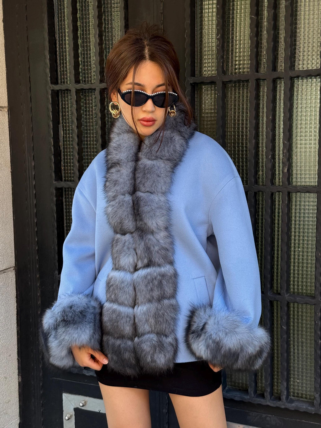 Blue Cashmere Front Cuffs Fox Fur Jacket - Women Fox Fur Jacket - Short Fox Fur Jacket