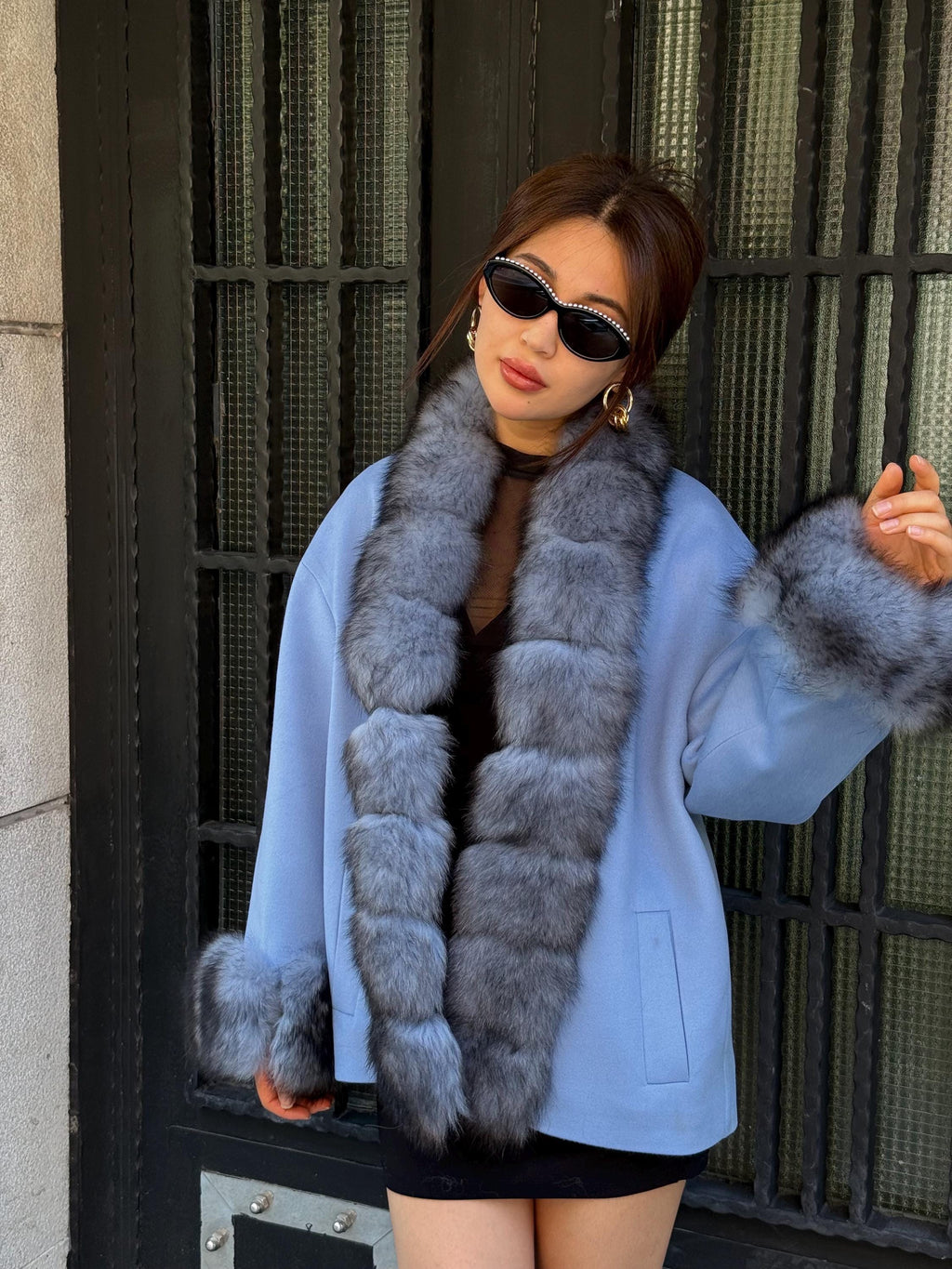 Blue Cashmere Front Cuffs Fox Fur Jacket - Women Fox Fur Jacket - Short Fox Fur Jacket