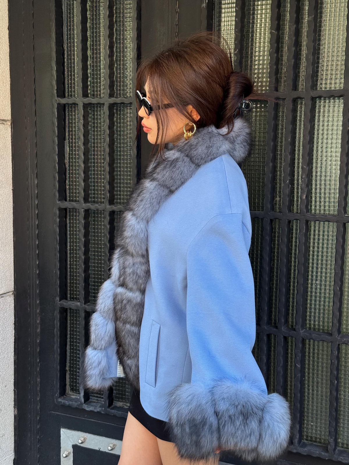 Blue Cashmere Front Cuffs Fox Fur Jacket - Women Fox Fur Jacket - Short Fox Fur Jacket