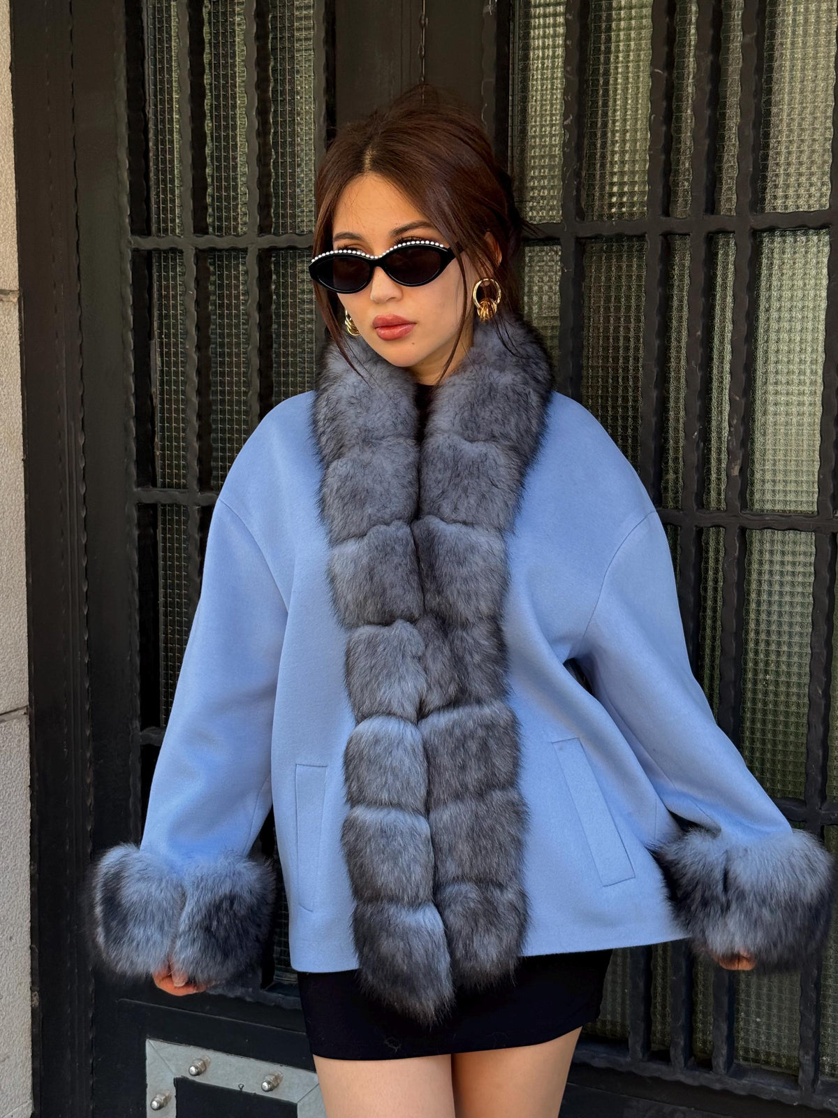 Blue Cashmere Front Cuffs Fox Fur Jacket - Women Fox Fur Jacket - Short Fox Fur Jacket