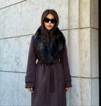Dark Brown Cashmere Coat With Fox Fur Trim | Luxury Collar Fox Fur Coat | Handmade Plus Size Long Belted Wool Coat For Women, Fox Fur Coat