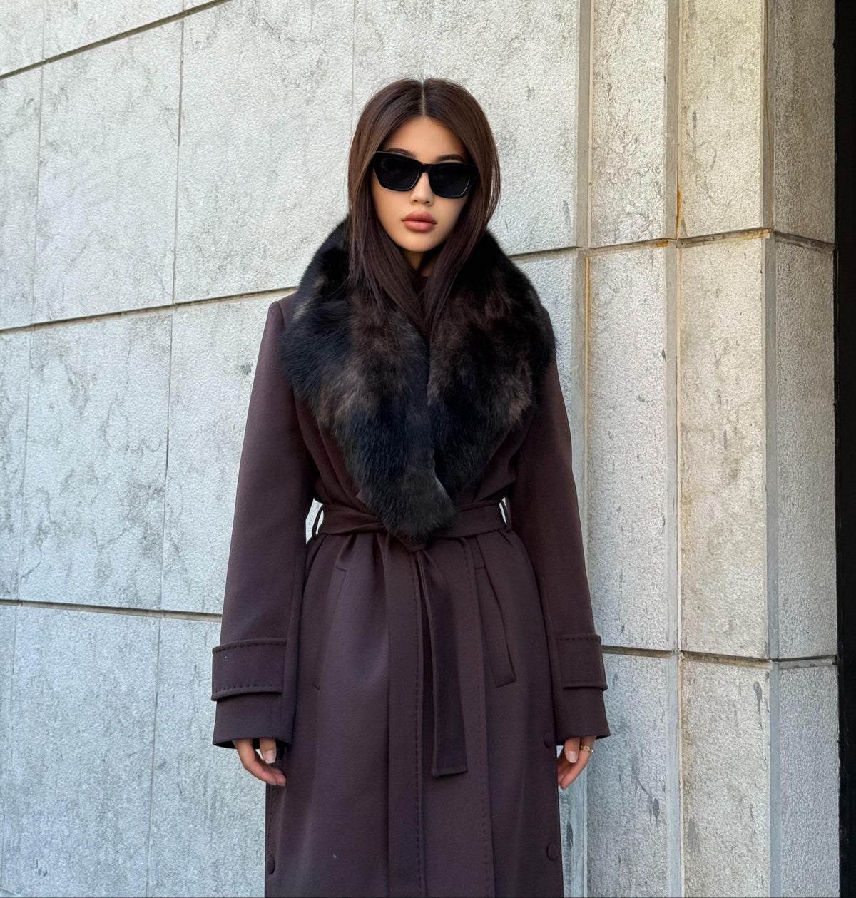 Dark Brown Cashmere Coat With Fox Fur Trim | Luxury Collar Fox Fur Coat | Handmade Plus Size Long Belted Wool Coat For Women, Fox Fur Coat