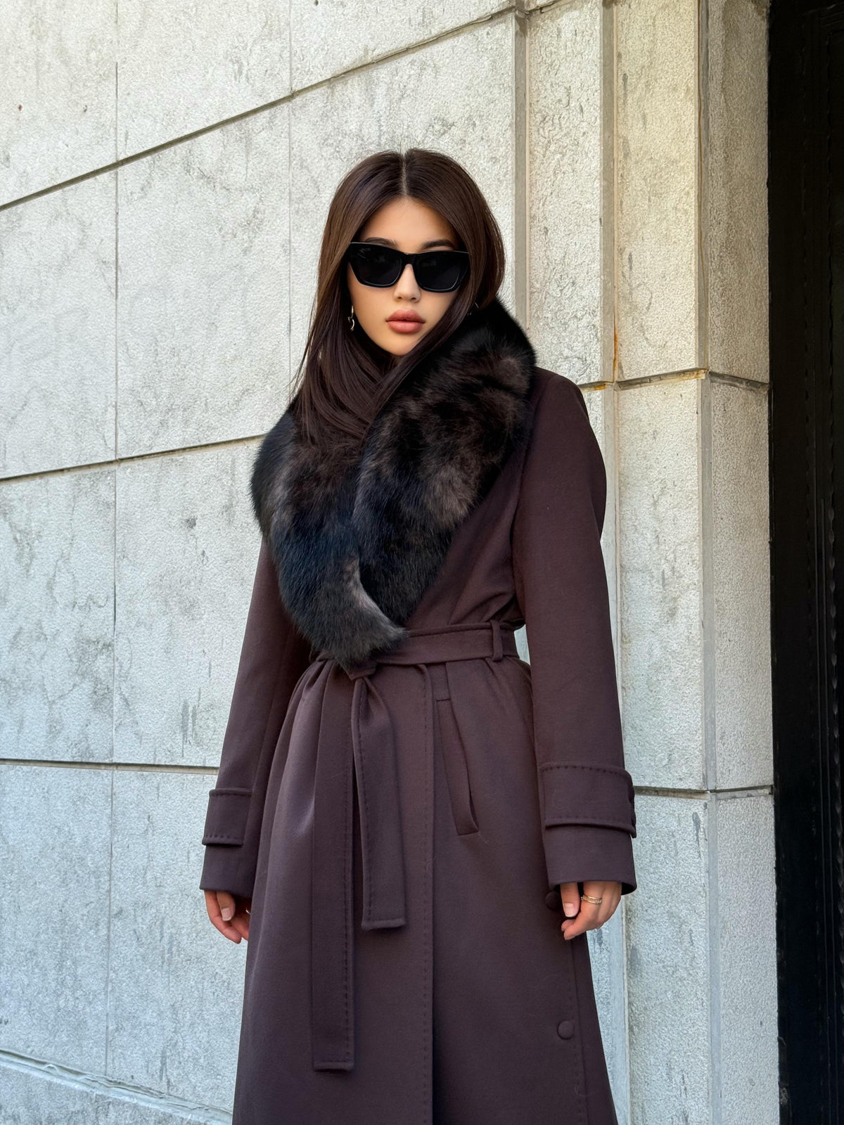 Dark Brown Cashmere Coat With Fox Fur Trim | Luxury Collar Fox Fur Coat | Handmade Plus Size Long Belted Wool Coat For Women, Fox Fur Coat