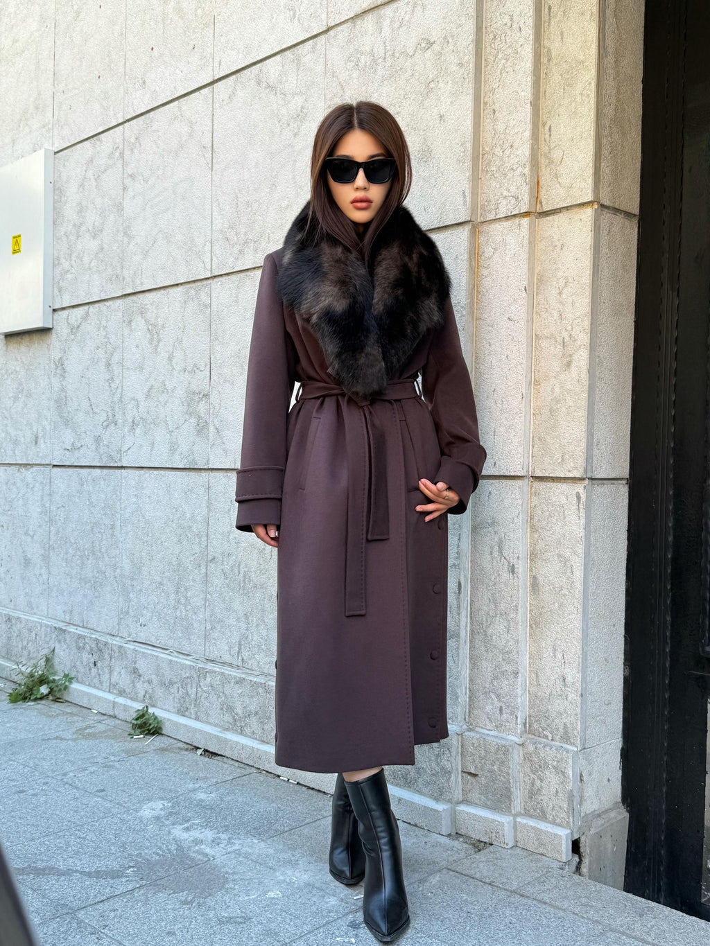 Dark Brown Cashmere Coat With Fox Fur Trim | Luxury Collar Fox Fur Coat | Handmade Plus Size Long Belted Wool Coat For Women, Fox Fur Coat