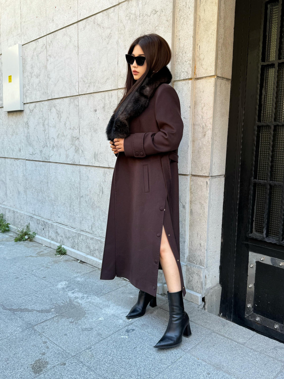 Dark Brown Cashmere Coat With Fox Fur Trim | Luxury Collar Fox Fur Coat | Handmade Plus Size Long Belted Wool Coat For Women, Fox Fur Coat