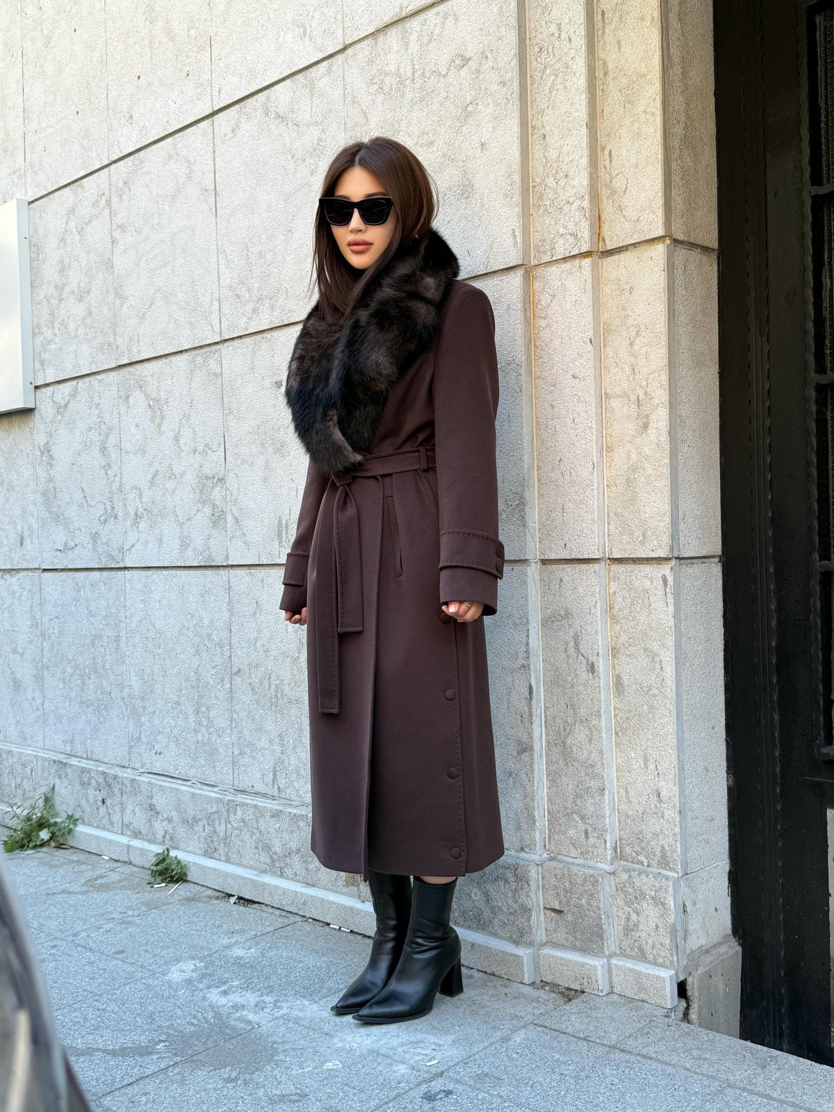 Dark Brown Cashmere Coat With Fox Fur Trim | Luxury Collar Fox Fur Coat | Handmade Plus Size Long Belted Wool Coat For Women, Fox Fur Coat