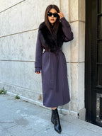 Deep Purple Cashmere Coat With Fox Fur Trim | Luxury Collar Fox Fur Coat | Handmade Plus Size Long Belted Wool Coat For Women, Fox Fur Coat